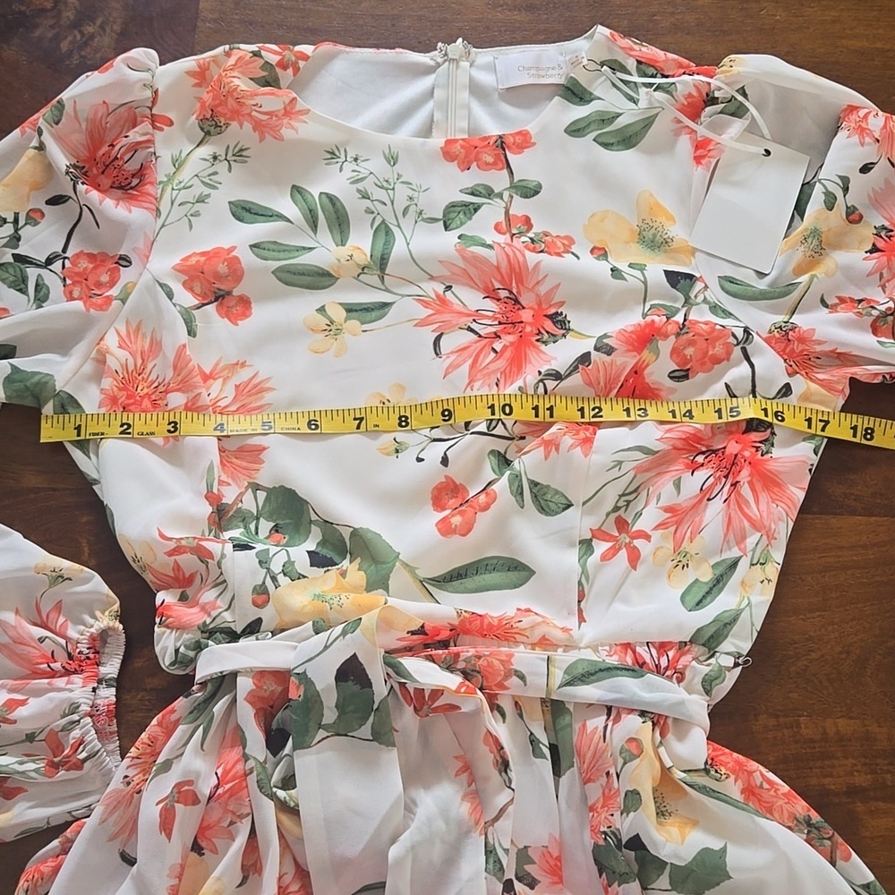 Yumi Kim Champagne & Strawberry Floral Blouson Sleeve Maxi Dress Size Medium - Picture 8 of 15